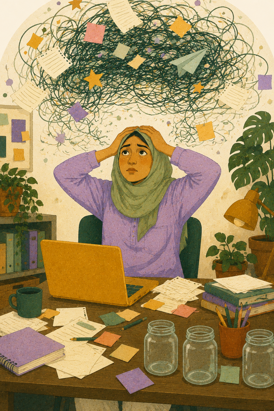 A woman overwhelmed at a cluttered desk as papers and objects swirl overhead