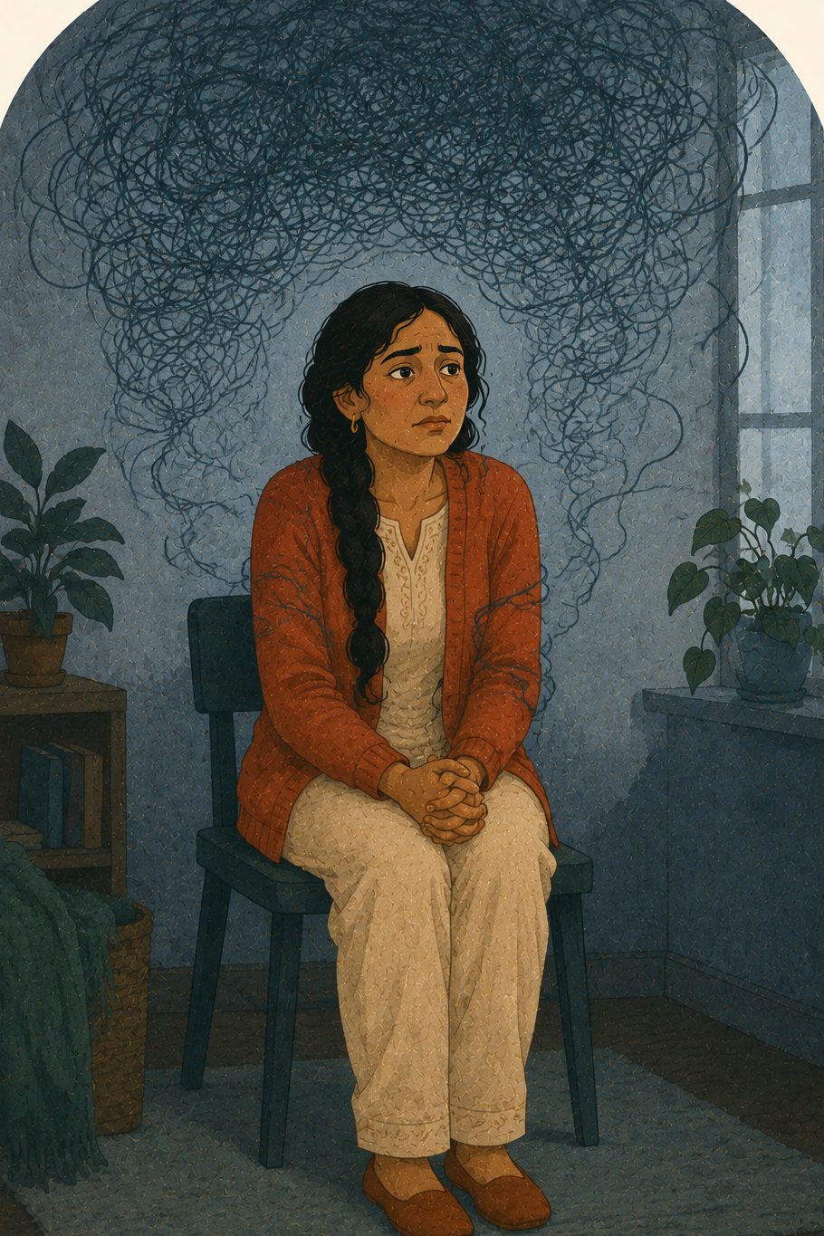 A woman sitting tense on the edge of a chair, hands clasped, beneath a pressing tangle of racing thoughts