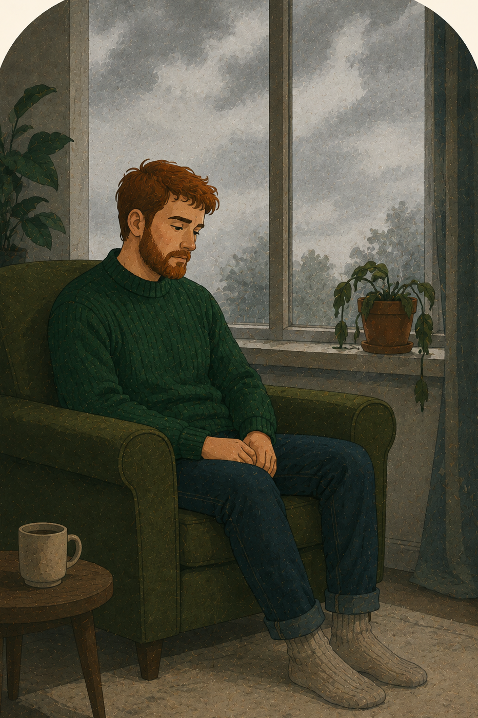 A man sitting heavy and still in an armchair by a gray window on an overcast morning