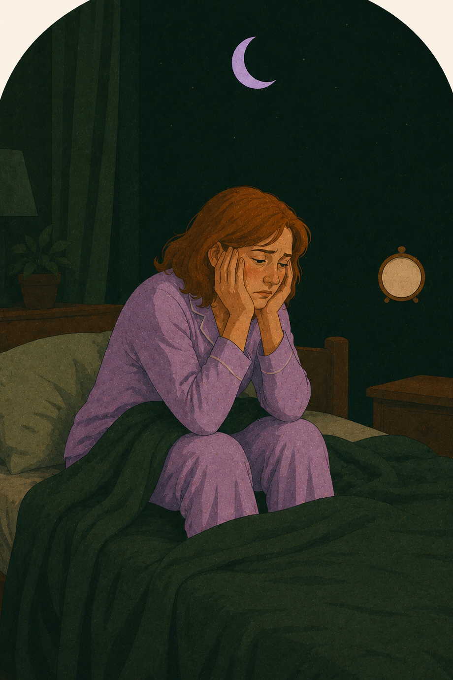 A woman sitting up in bed in the deep of night with her face in her hands, wide awake under a crescent moon