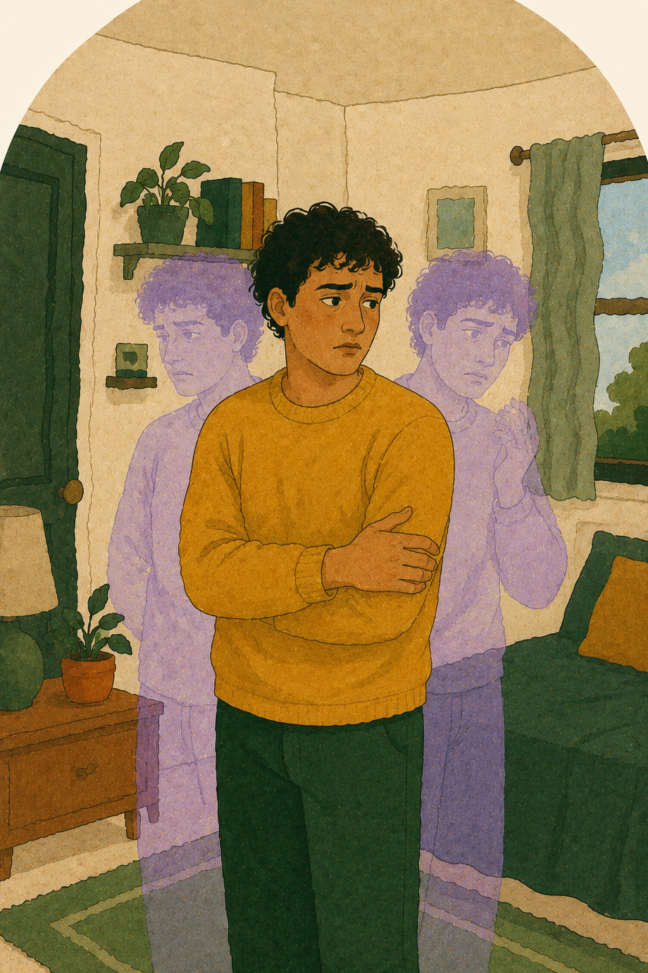 A man holding his own arms in a gently wavering room, translucent echoes of himself overlapping behind
