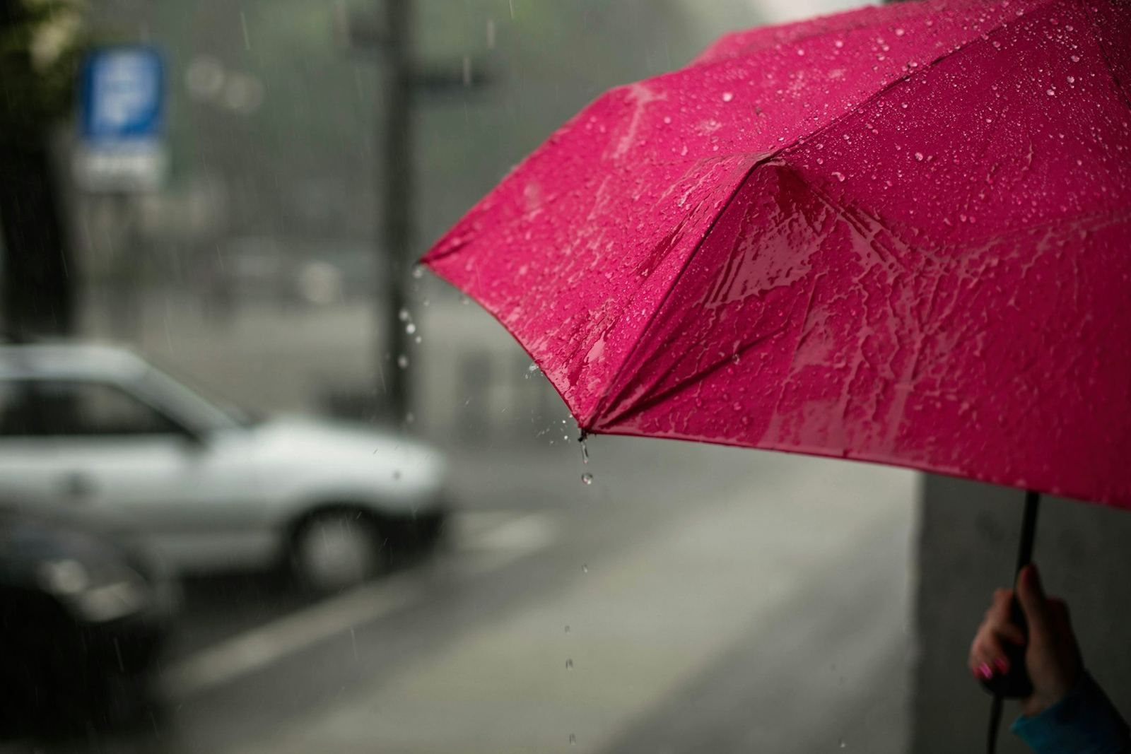 A bright pink umbrella held open against soft rain on a quiet street