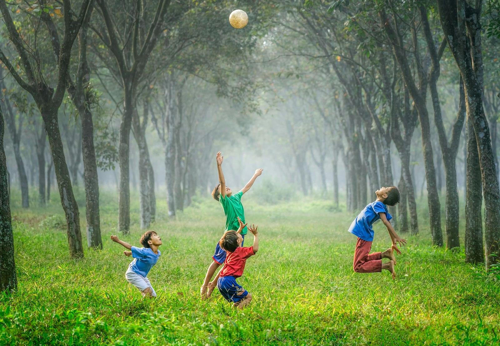Children leaping for a ball in a green tree-lined meadow